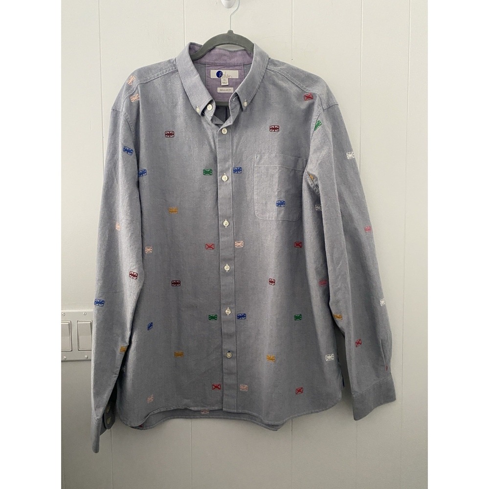 Boden Men's XL Embroidered Union Jack Oxford Shirt Regular‎ Fit Blue/Gray